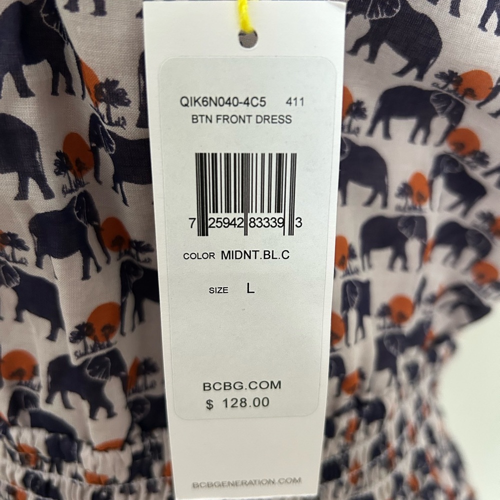 NWT BCBGeneration Strapless Elephant Print Dress Navy Orange Safari BUTTON Large - Picture 7 of 16